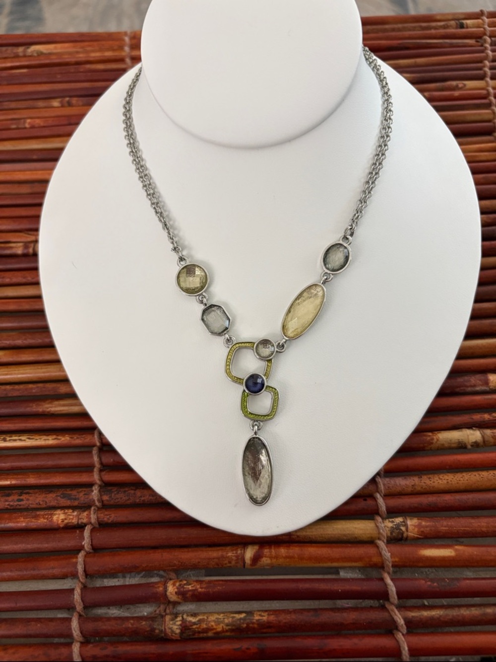 Lia Sophia Silver-Tone Necklace with Grey and Blue Stone 16”-19”